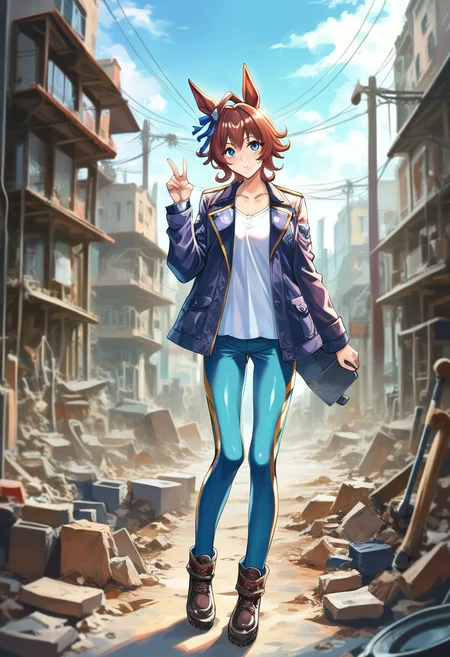 (score_9, score_8_up, score_7_up,masterpiece,best quality,uncensored:1.1),beautiful aesthetic, very intricate, high quality details, source_anime, amazing quality, very aesthetic, absurdres, newest, scenery, volumetric lighting BREAK,
shiny skin, <lora:add-detail-xl:1> all <lora:zy_Detailed_Backgrounds_v1:1> <lora:rannou75_pony:0.7> BREAK,
1girl, katsuragi ace \(umamusume\), umamusume, looking at viewer, solo, face focus, v,
construction