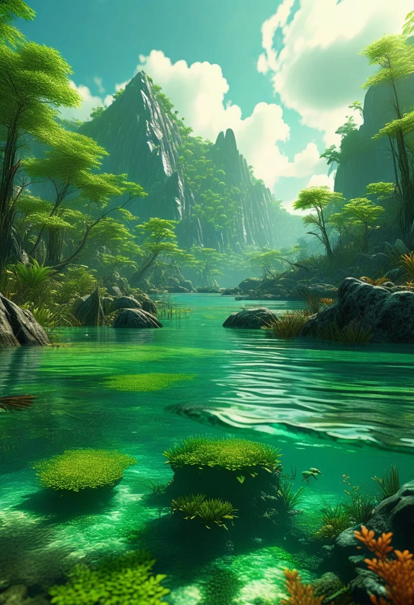 (ultra high res:1.4), (masterpiece), (beautiful lighting:1.4) , lush green forest, ancient Earth during the Paleozoic, lush swamp between some Mountains, Bright sunlight illuminates the crystal-clear water, (deep underwater),, half above water and half below water, (clear underwater), 
beautiful sky with clouds and smoke, carboniferous era aquatic and insect life, dimetrodon on the shoreline, depth