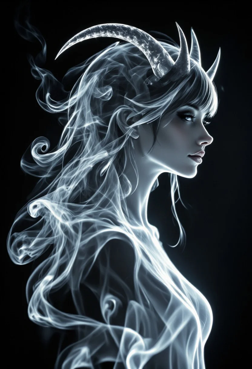 Silhouette Art, magnificent. demon queenl, long hair, bangs,demon horns, made_of_smoke, translucent, ethereal, coalescing from wisps of smoke, closeup portrait, dark background