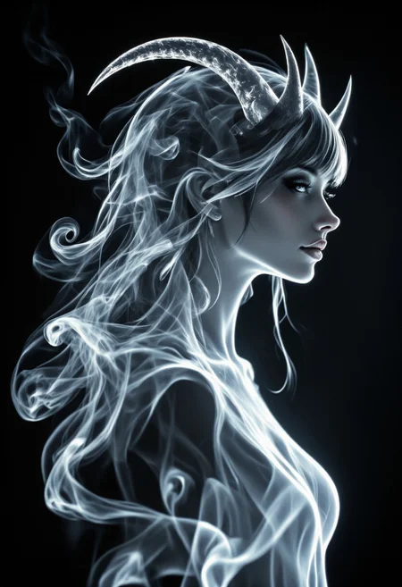 Silhouette Art, magnificent. demon queenl, long hair, bangs,demon horns, made_of_smoke, translucent, ethereal, coalescing from wisps of smoke, closeup portrait, dark background