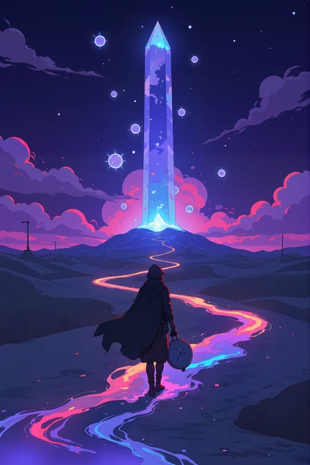 On a vast desert of fine, glass-like sand, a solitary traveler walks, leaving behind a trail of iridescent footprints that shimmer with every color of the spectrum. Above, the sky is an endless twilight, painted in hues of deep violet and swirling cerulean, punctuated by floating, luminous jellyfish-like creatures that drift lazily through the air. A towering monolith of translucent crystal rises in the distance, refracting the light of a sun that does not exist, casting shifting rainbows across the dunes. The travelerâs cloak billows in an unfelt breeze, its fabric catching the colors of the sands and sky, making them seem almost transparent. In their hand, they clutch an ancient compass, its needle spinning erratically as though lost in time itself. The only sound is the whisper of sand shifting beneath their feet, the quiet hum of the crystal monolith growing louder with each step they take toward it. The horizon stretches endlessly, but the world does not feel emptyâit feels alive, pulsing with secrets waiting to be uncovered. The traveler stops for a moment, staring ahead, as though knowing that whatever lies beyond the monolith will change everything. , detailed background  Fantastic lighting. Detailed shadows.intricate details, vivid colors, hyper-detailed, ultra-sharp, , <lora:Semi-realisticPortraitPainting:0.4> <lora:Let_It_Blaze_in_Crimson_anime_v1.0:0.6>