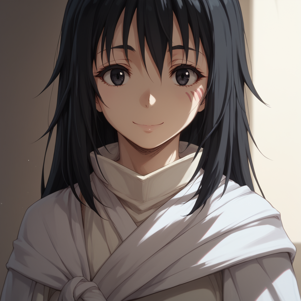 <lora:SlimesShizu:1>, score_9, score_8_up, score_7_up, slimes_shizu, woman, solo, black hair, black eyes, smiling, looking at viewer