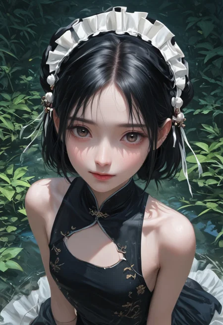 score_9, score_8_up, score_7_up, score_6_up, score_5_up, score_4_up, sharp focus,
high angle view,
petite chinese woman, long black hair, brown eyes, 
slim face, almond eyes,
beautiful face, realistic face, detailed face, 
chinese attire, headdress,
sad smile, 
detailed background, sharp background, lush canyon,
OverallDetail,