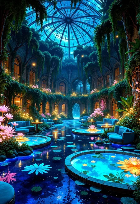 Celestial Bioluminescent Ballroom with a Floating Lagoon
A massive botanical ballroom, enclosed within a glass-domed structure that reveals a star-filled sky above. The walls are covered in deep emerald vines, glowing softly with bioluminescent blooms in shades of blue, violet, and turquoise, casting a dreamlike glow throughout the space.
At the center, a large floating lagoon reflects the glowing flora, with ethereal water lilies pulsating in shades of sapphire and amethyst. The water is lined with bioluminescent mushrooms and shimmering crystal-like reeds, illuminating the paths leading to floating lounge areas.
The seating consists of luxurious indigo and teal velvet sectionals, surrounded by golden tables with glowing glass surfaces. Above, massive hanging wisteria-like vines drip with luminescent petals, while fireflies and glowing butterflies flit gently through the air, creating an enchanted celestial wonderland.