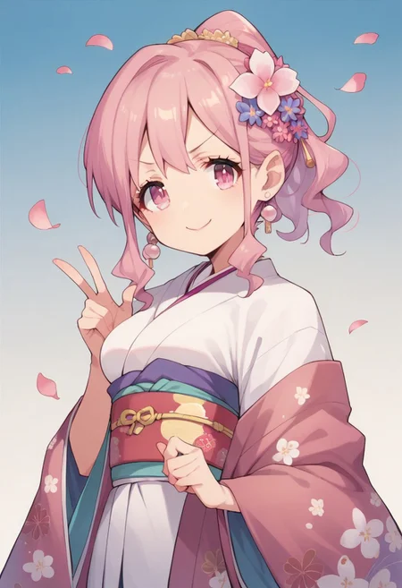 score_9, score_8_up, score_7_up, source_anime,hozuki kaede, pink hair, pink eyes, ponytail, 1girl, japanese clothes, solo, flower, smile, kimono, hair ornament, earrings, looking at viewer, hair flower, jewelry, v-shaped eyebrows