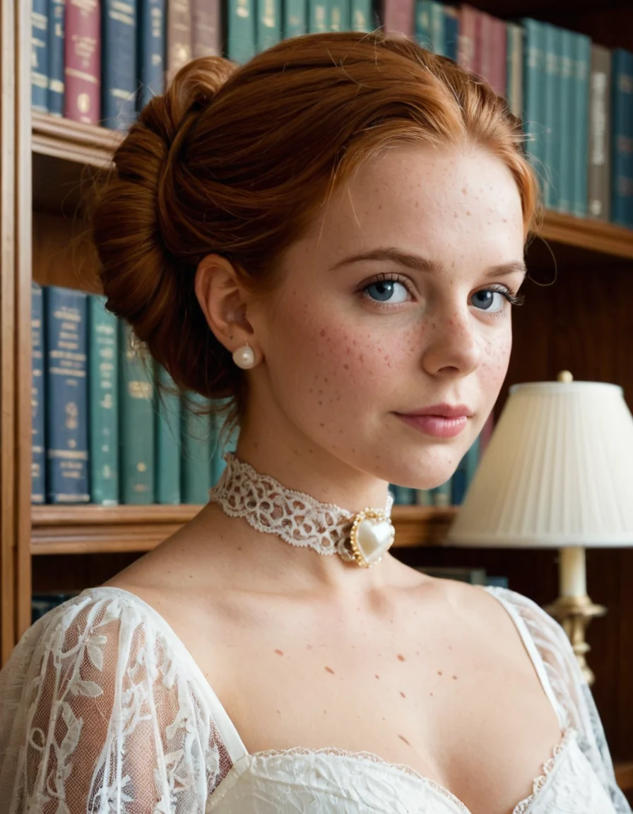 Ultra-realistic upper body portrait of a beautiful, aristocratic young woman in the 18th century. She has a soft, heart-shaped face with smooth ivory skin and a delicate dusting of freckles. Her rich auburn hair, deep with reddish-brown tones, is styled in an elegant teased updo. Her piercing, almond-shaped blue eyes are subtly enhanced with fine eyeliner. She wears soft pink lipstick, adding gentle contrast to her fair complexion. Around her neck rests an ornate pearl choker with a gold filigree centerpieceâtasteful yet unmistakably expensive. Captured in warm candlelight, she stands before an ornate bookshelf in a grand old library, exuding intelligence, beauty, and inherited wealth. The composition is in the pictorialist style, evoking timeless sophistication.