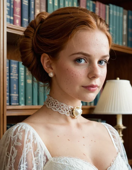 Ultra-realistic upper body portrait of a beautiful, aristocratic young woman in the 18th century. She has a soft, heart-shaped face with smooth ivory skin and a delicate dusting of freckles. Her rich auburn hair, deep with reddish-brown tones, is styled in an elegant teased updo. Her piercing, almond-shaped blue eyes are subtly enhanced with fine eyeliner. She wears soft pink lipstick, adding gentle contrast to her fair complexion. Around her neck rests an ornate pearl choker with a gold filigree centerpieceâtasteful yet unmistakably expensive. Captured in warm candlelight, she stands before an ornate bookshelf in a grand old library, exuding intelligence, beauty, and inherited wealth. The composition is in the pictorialist style, evoking timeless sophistication.
