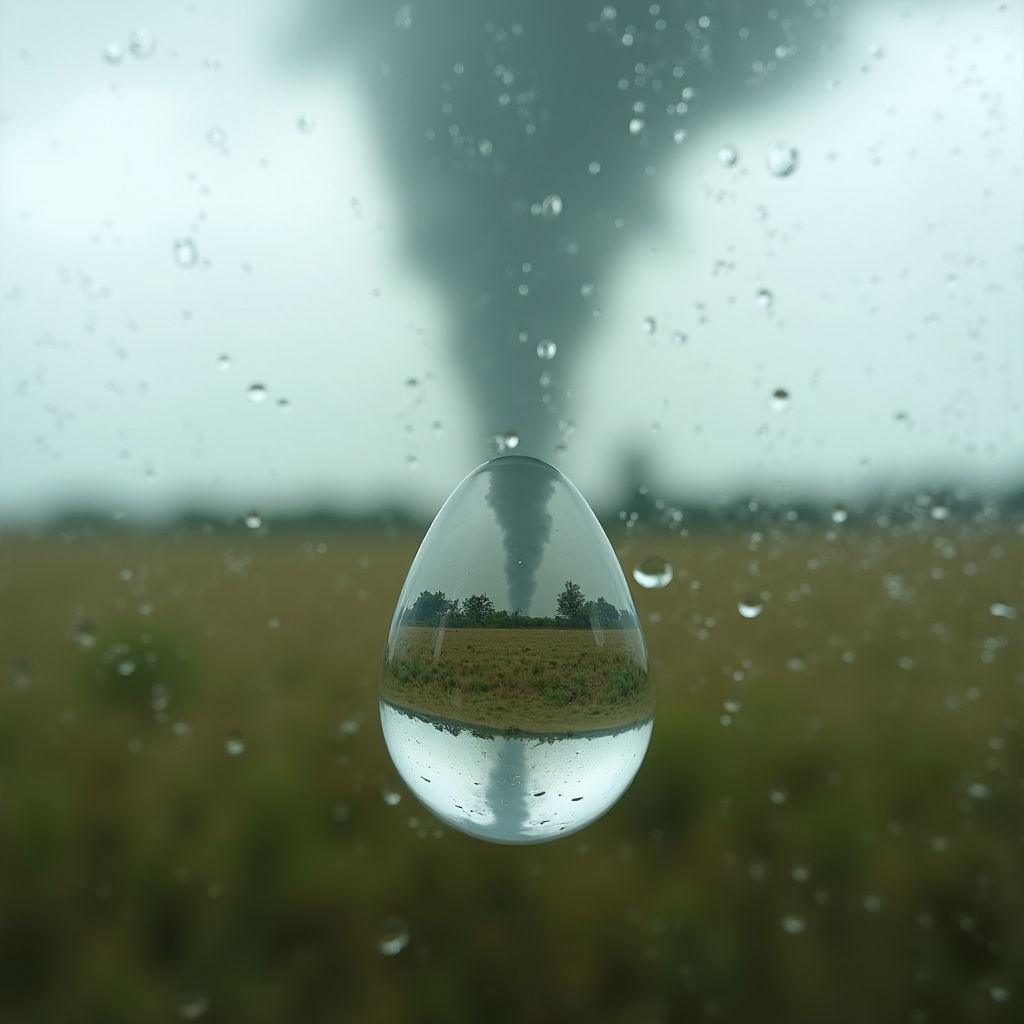 Photography close-up of  a rain drop on a glass pane. In the rain drop, there is a very distorted and inverted image of a tornado, with the sky at the bottom and the ground at the top. The tornado can be seen very blurry in the background. Overcast day in a prairie landscape