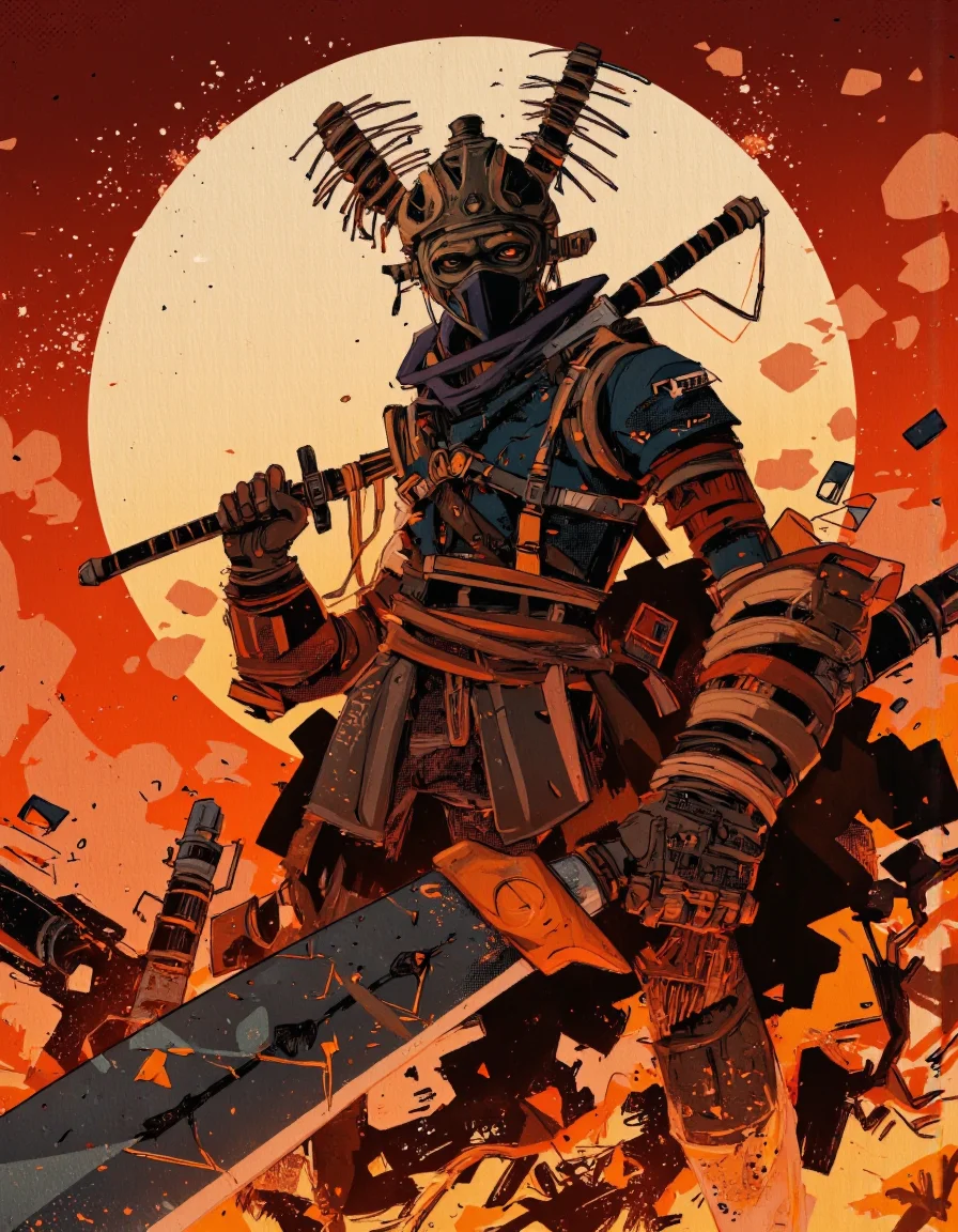 By Alex Vede. hell lava art by Yoann Lossel, color style by Tom Haugomat, wear tiara of wires, iron mask, holding cyber katana, volumetric light, fighter pose, insanely detailed, cyberpunk ornate, action packed, full body standing, sun rising background.