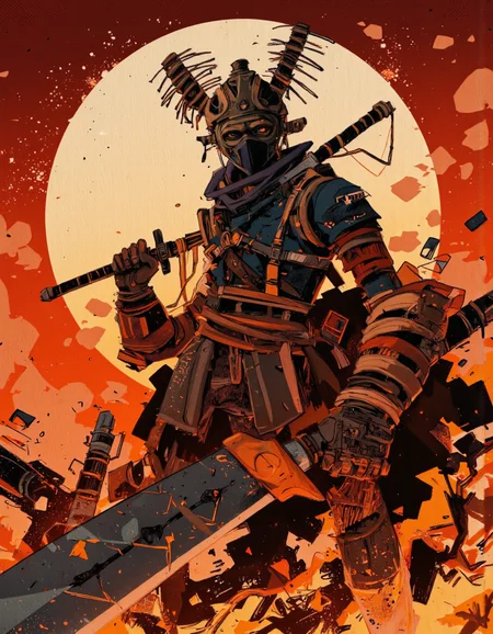 By Alex Vede. hell lava art by Yoann Lossel, color style by Tom Haugomat, wear tiara of wires, iron mask, holding cyber katana, volumetric light, fighter pose, insanely detailed, cyberpunk ornate, action packed, full body standing, sun rising background.