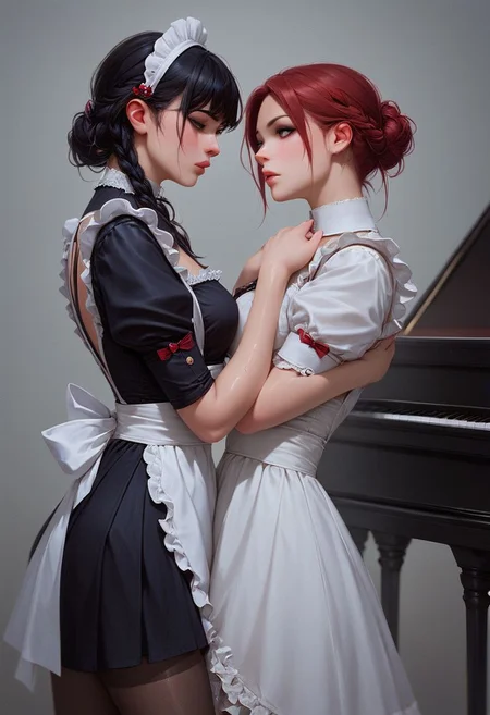 score_9, score_8_up, score_7_up, score_6_up, score_9, score_8_up,
3girl*, Russian womman,(((20yo))), 2girl black hair, 1girl red hair, pretty, neutral face, frekles, standing by piano, victorian maid dress, panntyhose, black pantyhose, mid length hair, (boobs:1.5)
(Red wet tiny lips),look away