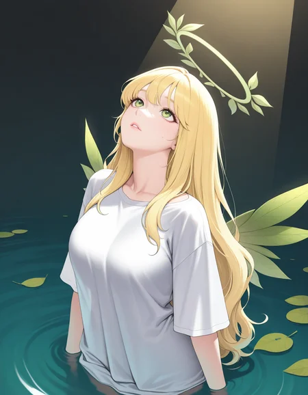<lora:모ë¹ë:0.25>, <lora:KoreanStyleSDXLvpred10:0.25>, aikoreanstyle, korean, asian, <lora:ABBB(ah-lyong_lee)-artist-illustrious v01:0.25>, abbb, (kidmo:0.25),
masterpiece, best quality, ultra-detailed, absurdres, newest, volumetric lighting, available light,
1girl, solo, long hair, looking up, oversized shirt,green eyes, leaf, bangs,water,torns,leaf halo,green halo,angel,leaf wings, dynamic angle, mature spirit
