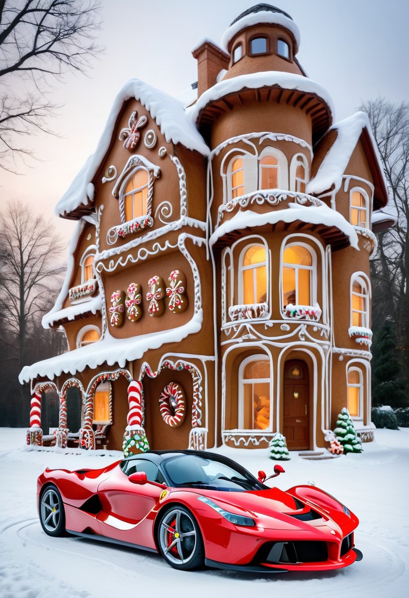 Ferrari laferrari,winter ,in front of house.Christmas<lora:GingerbreadStyle_epoch_10:0.7>