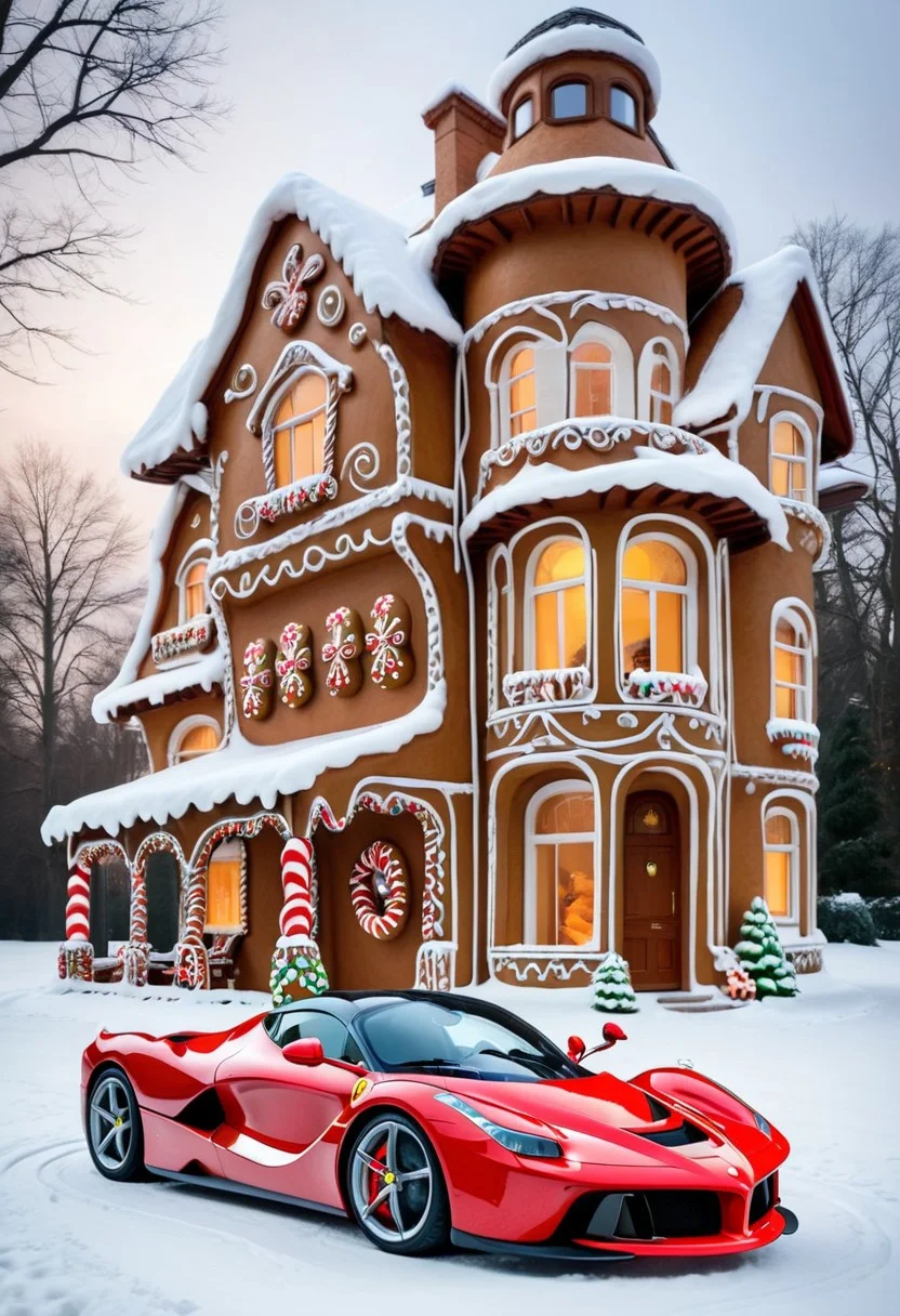 Ferrari laferrari,winter ,in front of house.Christmas<lora:GingerbreadStyle_epoch_10:0.7>