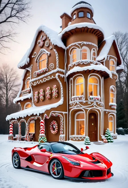 Ferrari laferrari,winter ,in front of house.Christmas<lora:GingerbreadStyle_epoch_10:0.7>