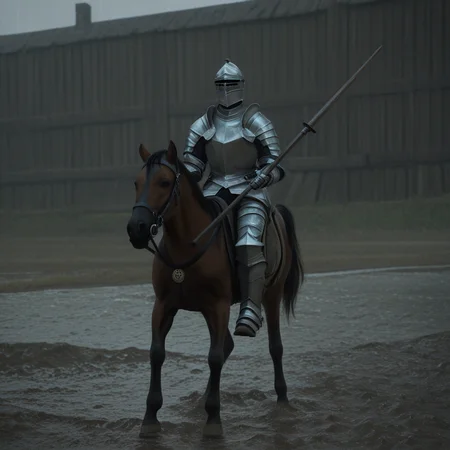 masterpiece, best quality, amazing quality, very aesthetic, high resolution, ultra-detailed, absurdres, scenery, photorealistic, Prompt, BREAK, depth of field, photorealistic details, volumetric lighting,source_photo,solo,1boy,knight,armor,horse,riding horse,holding lance,outdoors,medieval village,thatch rooves,wooden buildings,helmet,rain,mud,clouds