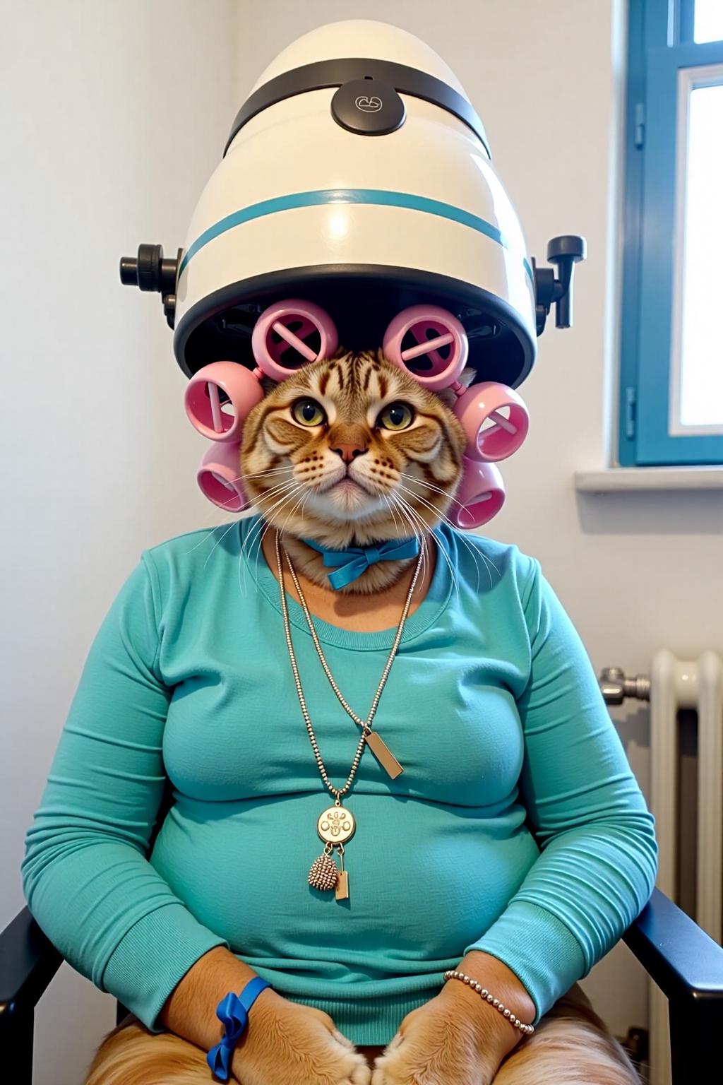 a cat is wearing a teal long-sleeved t-shirt, adorned with a necklace and a bracelet. The cat is under a vintage hair dryer, with curling curlers and pink curling hair. The curlers are secured by a blue ribbon, adding a pop of color to the scene. The backdrop is a stark white wall, and a window with a blue frame. A radiator is visible on the right side of the frame. <lora:vintage_hair_dryer_v1:1.0> <lora:Flux-Sch-SingleBlocks-BF16:1.0><lora:803951306101279343:0>