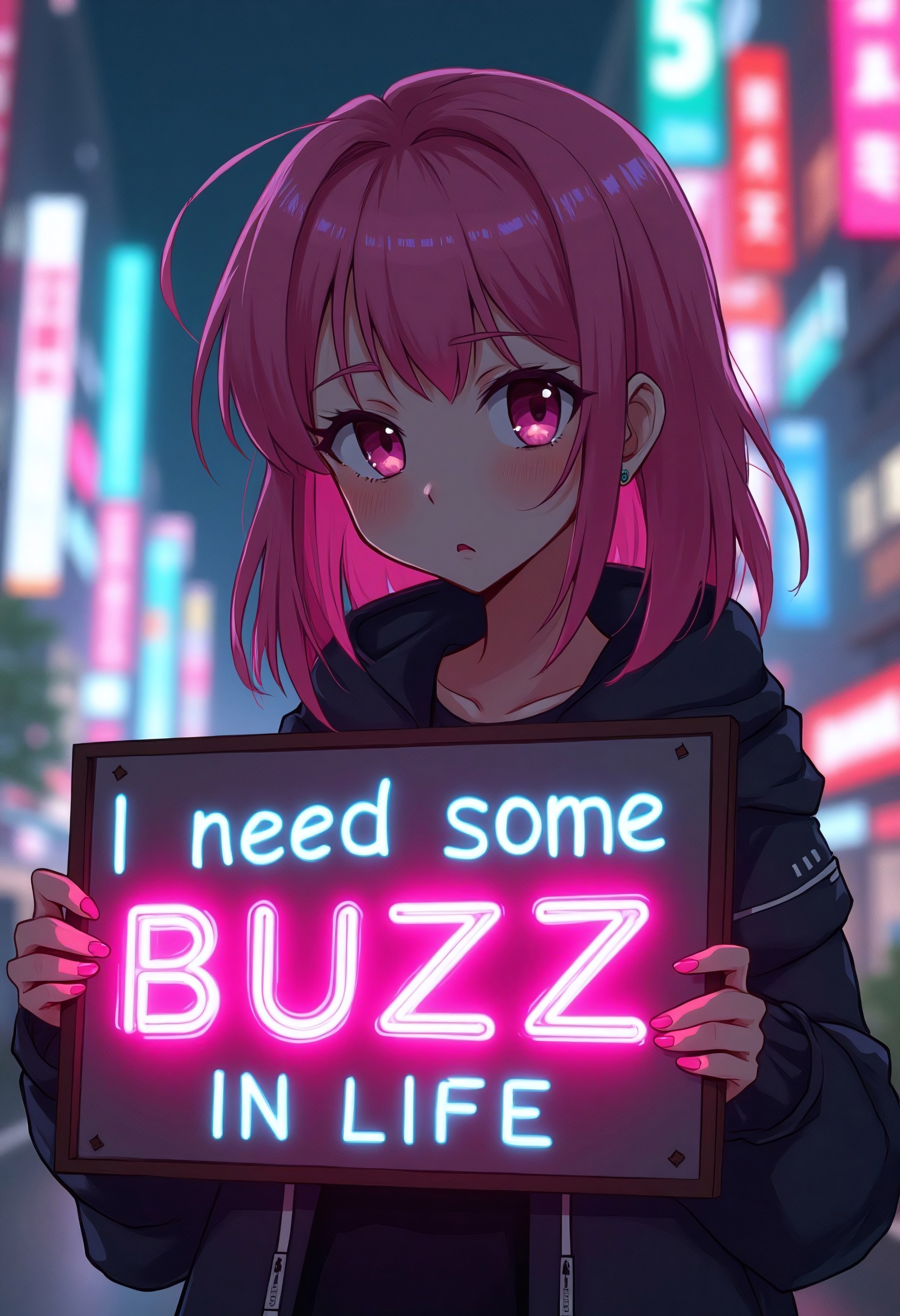 A anime photo of young girl with pink hair and a pouting look on her face in a futuristic tokyo neon cityscape. She is holding a sign with BOLD letters that says "I need some Buzz in my life" in bright neon letters contrasting against the dark colors of the sign. The bright lights contrast the dark dingey parts of the cityaaa