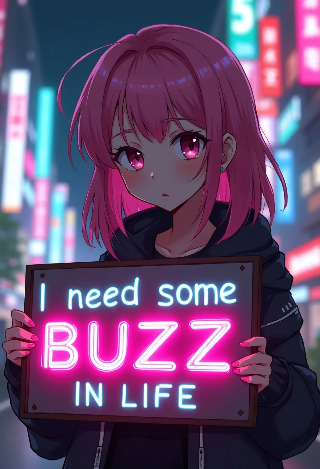 A anime photo of young girl with pink hair and a pouting look on her face in a futuristic tokyo neon cityscape. She is holding a sign with BOLD letters that says "I need some Buzz in my life" in bright neon letters contrasting against the dark colors of the sign. The bright lights contrast the dark dingey parts of the cityaaa