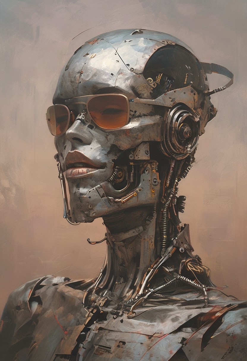 in the style of michael-vincent-manaloa painting of a cyborg, symmetrical frontal image, strong build, square head, strong jaws, thick sideburns, sunglasses, Jamie Hewlett, John Berkey, John Harris, high contrast, twilight, open space, hyperrealistic<lora:epi_noiseoffset2:1> <lora:Sinozick:1> <lora:MJ52:1>