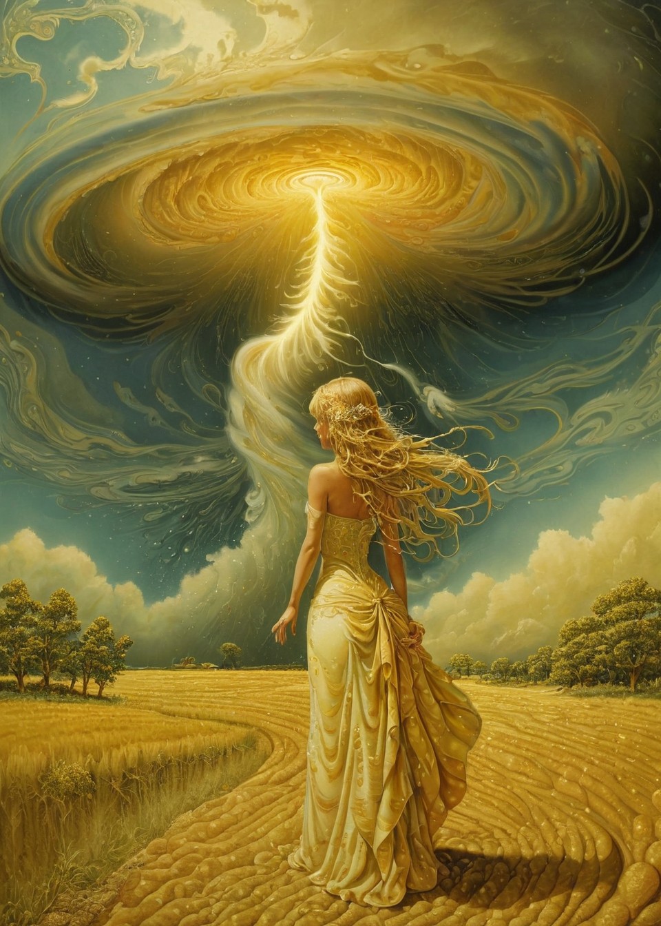 Magic Realism, xlmrblng36-500 magnificent fairy staring at a tornado in a prairie landscape, (gold-tinted:0.5), very detailed, intricate, (stormy:1.21)