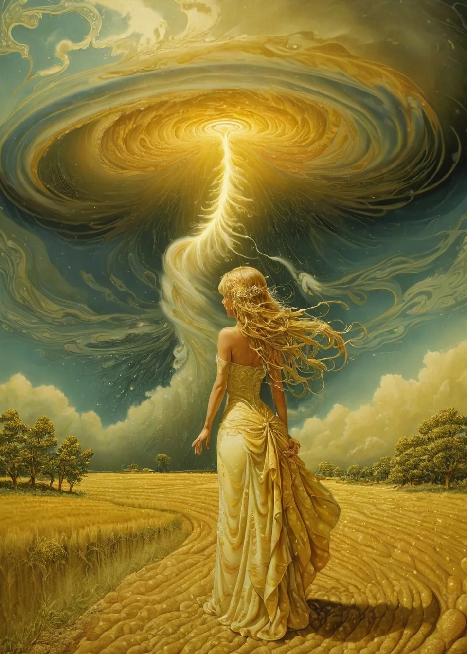 Magic Realism, xlmrblng36-500 magnificent fairy staring at a tornado in a prairie landscape, (gold-tinted:0.5), very detailed, intricate, (stormy:1.21)