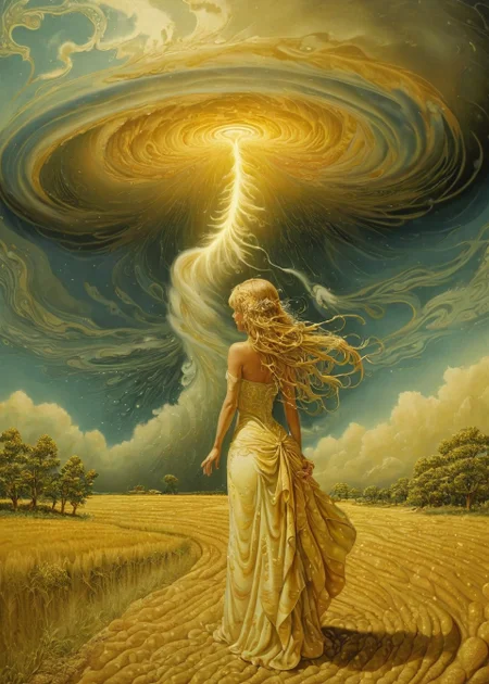 Magic Realism, xlmrblng36-500 magnificent fairy staring at a tornado in a prairie landscape, (gold-tinted:0.5), very detailed, intricate, (stormy:1.21)