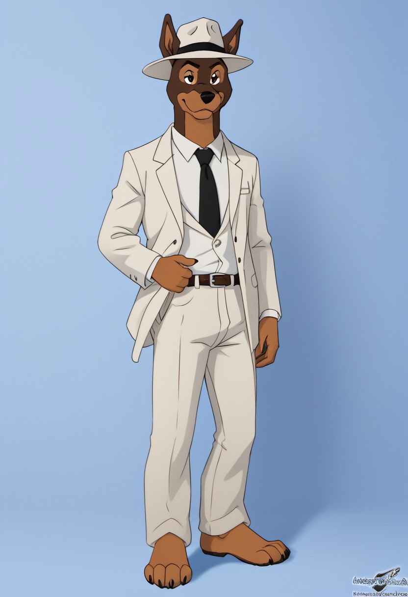 score_9, score_8_up, score_7_up, score_6_up, score_5_up, score_4_up, photorealistic, realistic, masterpiece), furry male, detailed face, detailed eyes, detailed hair, detailed fur, solo, WB_SketchV1
BREAK
Martin_Torque, Doberman, Anthro Dog, Brown Fur, Tan Markings, black eyes, black nose, white suit, white shirt, black tie, hat, fedora, white fedora, white pants, footpaws
<lora:DetailedEyes_V3:1>