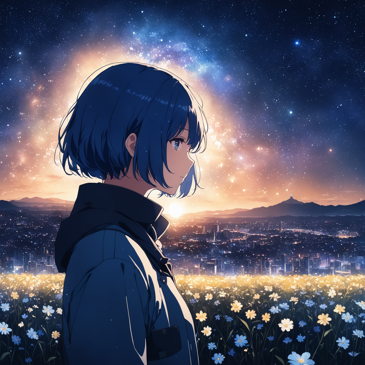 anime girl, night, blue light behind her, ((Galaxy, Lens flare)), short hair, flower field, night sky, cinematic shot. Wallpaper. (Blue color schema), detailed background, a city in the distance