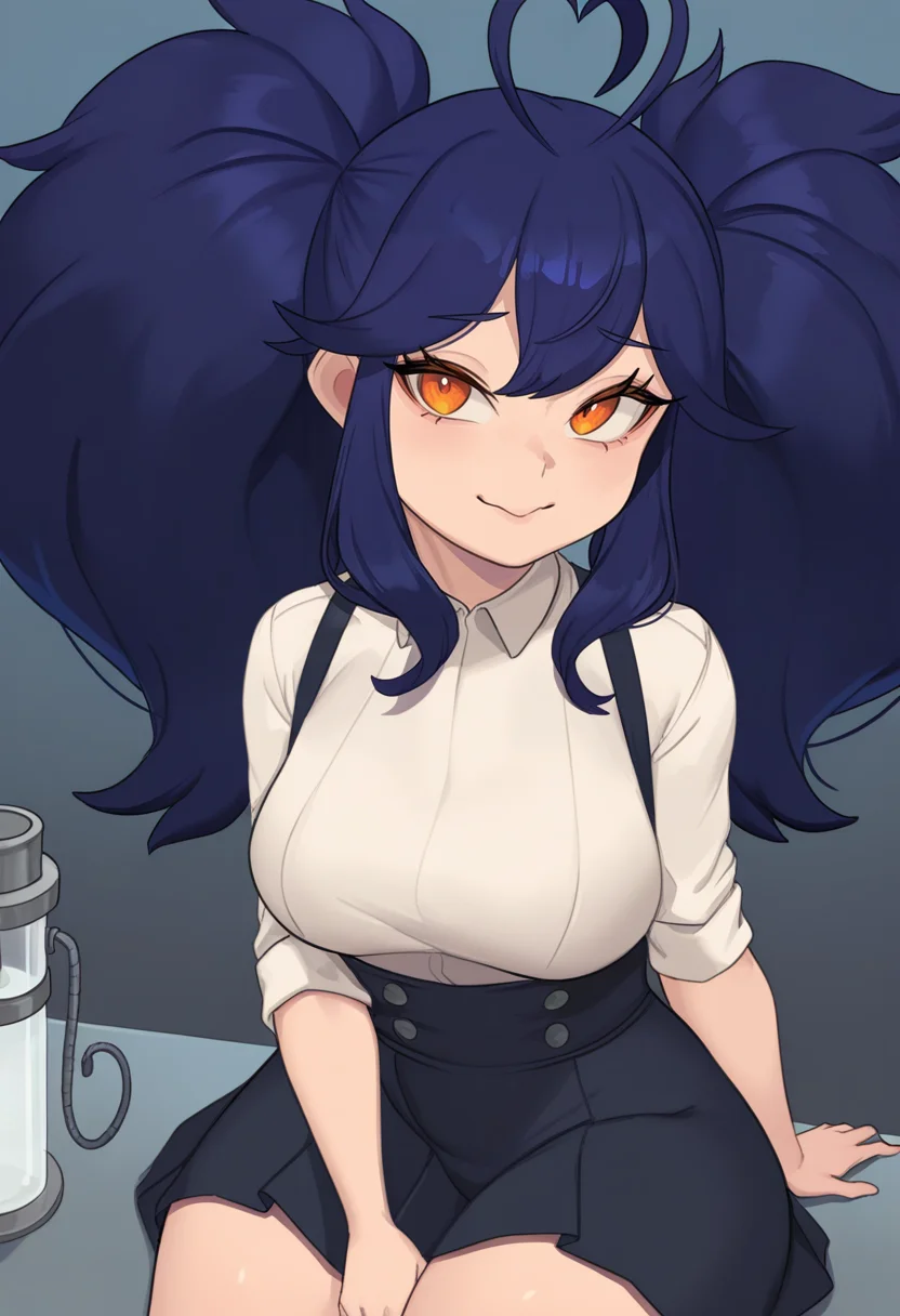 masterpiece, best quality,1girl,sitting, medium breasts, shortstack,sidelocks,big hair,heart antenna hair,dark blue hair, orange eyes,stringer,suspender skirt,laboratory <lora:metal owl (aden12)-Style-vpred-glora-V1.1:1>