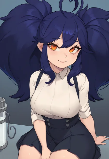masterpiece, best quality,1girl,sitting, medium breasts, shortstack,sidelocks,big hair,heart antenna hair,dark blue hair, orange eyes,stringer,suspender skirt,laboratory <lora:metal owl (aden12)-Style-vpred-glora-V1.1:1>