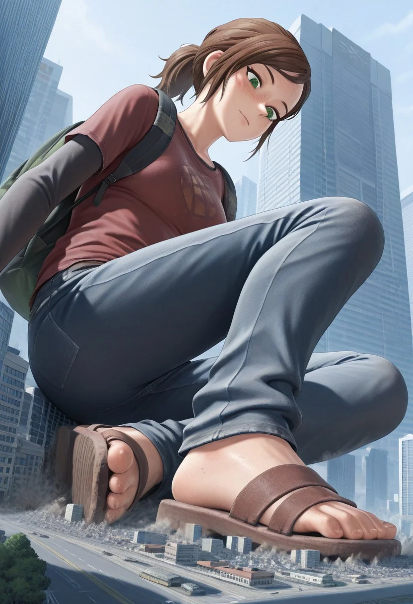 , giantess, full body view, foreshortening, foreshortening, Giantess, City, sitting up, legs extended toward viewer, sandal focus, giantess, from below, best quality, absurdres, 1girl, breasts, 
masterpiece, score_9, score_8_up, score_7_up, score_6_up, score_5_up, score_4_up, 1girl, Absurdres, masterpiece, 8k, ellif
1girl
brown hair
short hair
ponytail
freckles
green eyes
shirt
layered sleeves
backpack
denim
pants
shoes
<lora:giantess-ponyxl-lora-nochekaiser:1> giantess, giant, city, building, outdoors, destruction,
,
