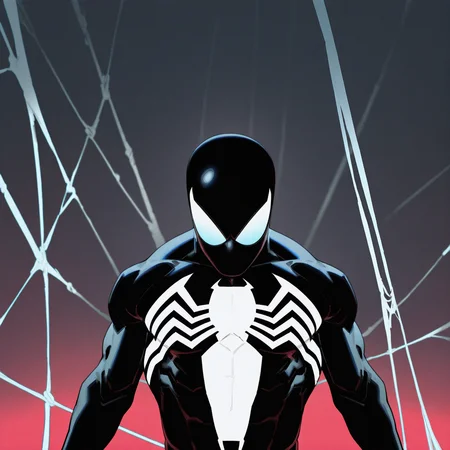 <lora:SPIDERMAN_CBS:1> spiderman_cbs, solo, looking at viewer, blue eyes, 1boy, upper body, male focus, muscular, mask, bodysuit, glowing, muscular male, animal print, glowing eyes, skin tight, toned, arms at sides, black bodysuit, toned male, blank eyes, superhero, silk, spider web, spider web print, spider, two-tone bodysuit, detailed background, motion blur, film grain, abstract, natural lighting, fantasy, cinematic, dynamic view, tilted angle, very awa, masterpiece, best quality, absurdres, newest, perfect quality, detailed background, intricate details, (artist:fl \(l-fl\):0.7), (artist:tooboshoo:0.7), (artist:dizdoodz:0.8)