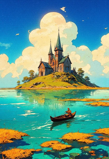 A breathtaking fantasy landscape of a small, picturesque island with a gothic-style chapel perched atop a grassy hill. The island is surrounded by a shallow, crystal-clear turquoise sea with patches of golden seagrass swaying beneath the surface. The sky is vast and vibrant, filled with billowing white clouds stretching across the horizon, with seagulls soaring gracefully. A lone fisherman in a small wooden boat rows through the shallow waters, adding a serene and contemplative touch to the scene. The architecture of the chapel is intricate, featuring pointed spires, arched windows, and a dark green roof, contrasting beautifully with the bright, sunlit surroundings. The atmosphere is warm and tranquil, evoking a sense of peace, isolation, and quiet beauty. The art style is semi-realistic with a painterly, anime-inspired aesthetic, rich in detail and vibrant colors.
,  anime, cyberpunk