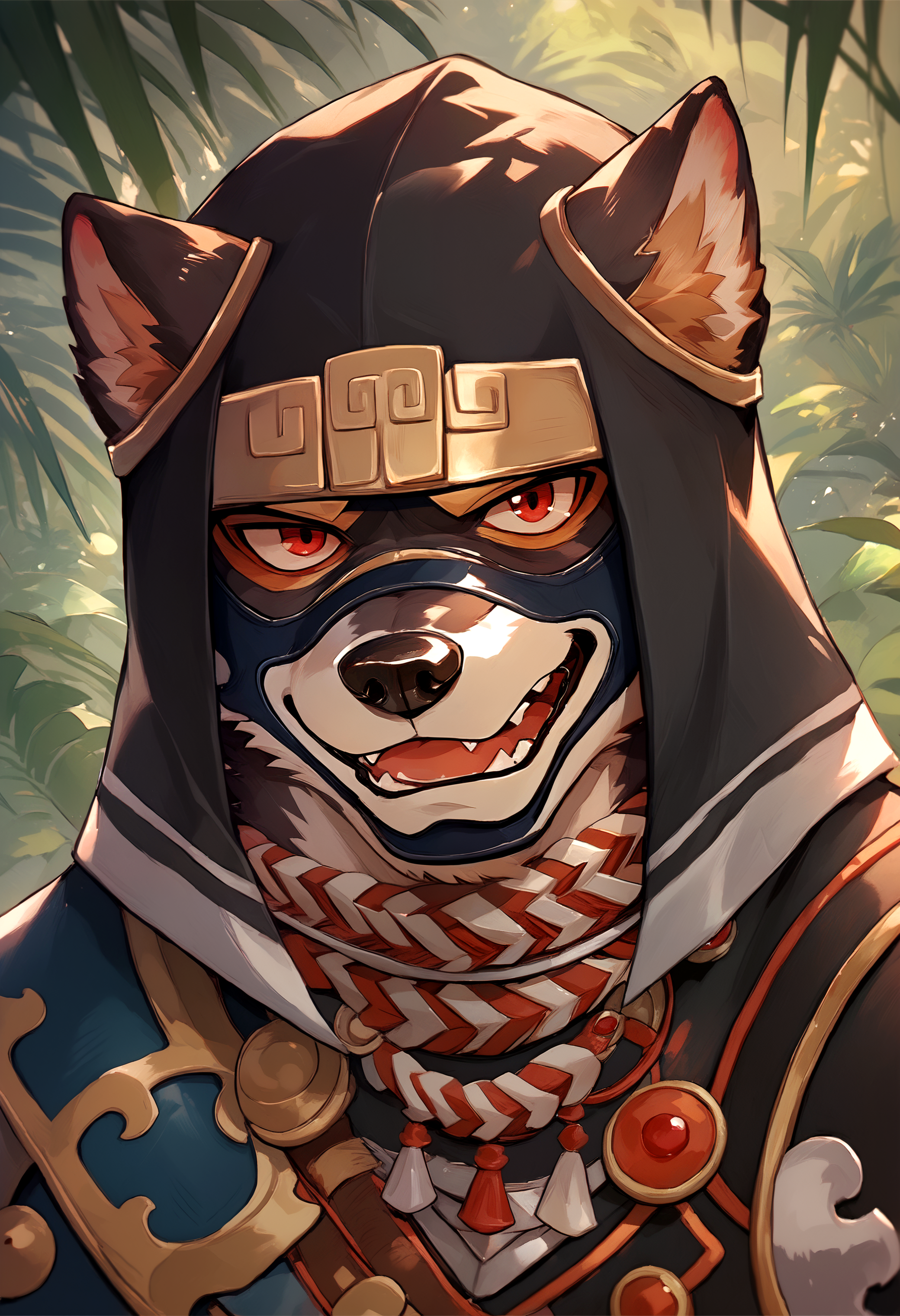 score_9, score_8_up, score_7_up, <lora:HanzoAnother_Eidos-000001>, Hanzo, 1boy, red eyes, dog boy, furry male, dog ears, hood, armor, close up, looking at viewer,  jungle,
