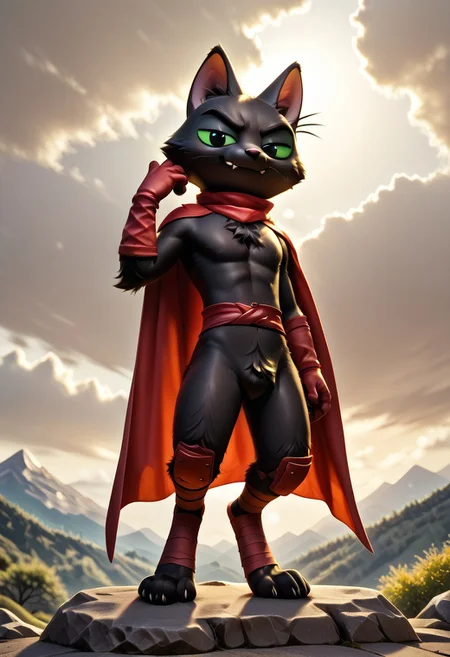 score_9, score_8_up, score_7_up, solo male, noseless, MaoMao, cat, black body, black fur, scut tail, body fur, animal ears, black pupils, green sclera, coloured sclera, anthro, whiskers, (haramaki:1.2), (red cloth belt:0.8), red cape, red gloves, red foot wraps, knee pads, smile, half-closed eyes, smug, smirk, single fang, featureless crotch, short, chibi, chest tuft, perfect hands, full-length portrait, outside, sunset, backlighting, heroic pose, raised hand, wide stance, mountain, rock, (low-angle view,:1.1) cloud, looking at viewer, windy, fluttering cape, digitigrade, 
BREAK
RBE, highres, Masterpiece, perfect lighting, zPDXL3, detailed background