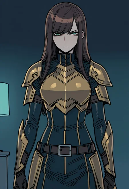 ratatatat74, 1girl, adult, tall girl, (short-length hair, dark dark brown hair), side swept hair, straight hair, mature, highly detailed, high quality, detailed face, jade green eyes
BREAK
yellow chrome armor, light armed, breast plate, sword belt
BREAK 
calm, serious expression
BREAK 
indoors, living room, lamp in background