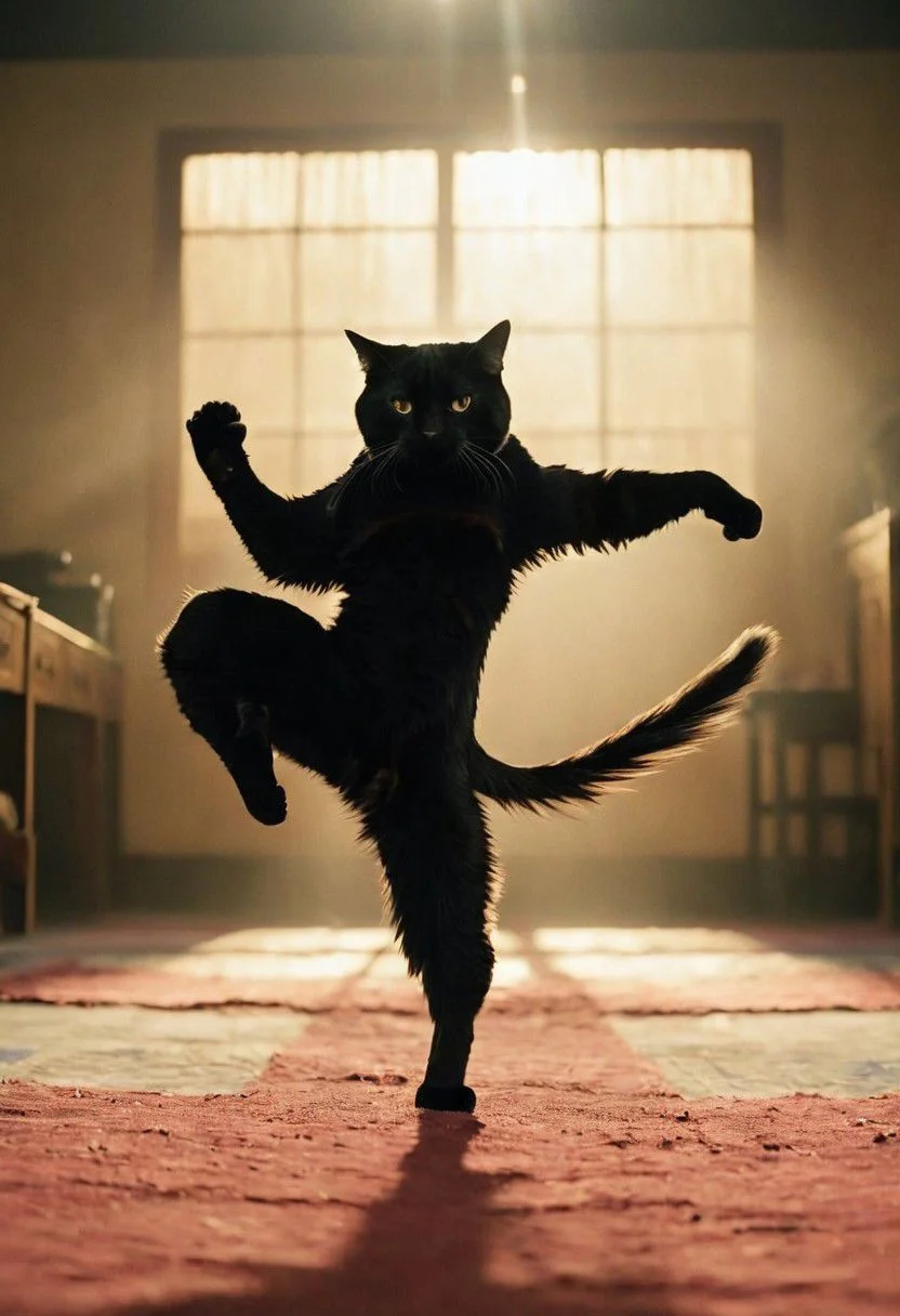 orange/black fluffy cat ninja, drunken fist, fight stance, high kick, split, infront of Dog crowd,
very detailed, atmospheric haze, Film grain, cinematic film still, shallow depth of field, highly detailed, high budget, cinemascope, moody, epic, OverallDetail, gorgeous, 2000s vintage RAW photo, photorealistic, candid camera, color graded cinematic, eye catchlights, atmospheric lighting, skin pores, imperfections, natural, shallow dofintricate, elegant, fantasy art, portrait, dark, retro, ecstatic, plain, powerful, realistic, profoundly red dark color