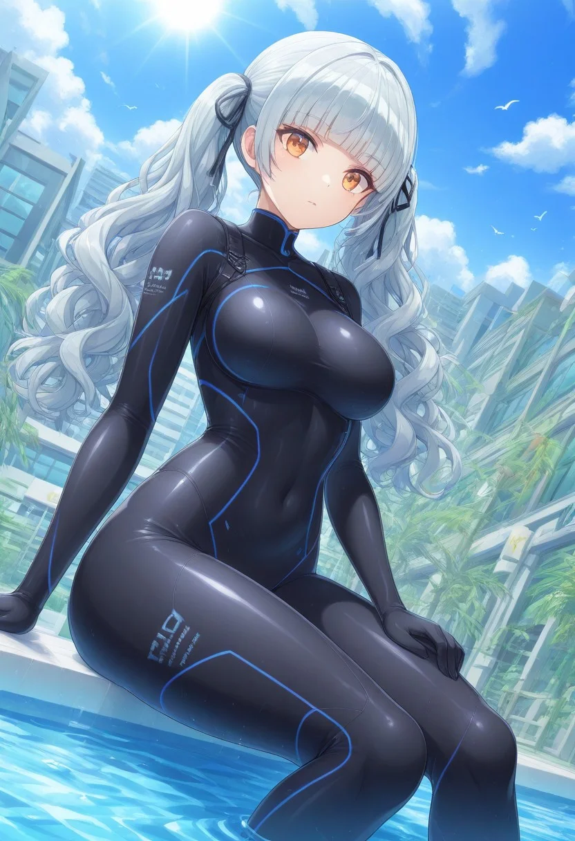 prefect lighting,very aesthetic,prefect hands,best quality,
intricate details,highly detailed background,(masterpiece:0.9),high quality,lustrous_skin,skindentation,(zPDXL3),
ultra delicate hair,
face_detail,
skin_detail,<lora:cfg_scale_boost>,
lustrous_skin,skindentation,
shiny skin, masterpiece,best quality,ultra-detailed,  shorx1, 1girl, st_mei, twintails, long hair, orange eyes, blunt bangs, bodysuit, near a pool, houses, buildings, summer, day, sun, birds, sitting, looking away