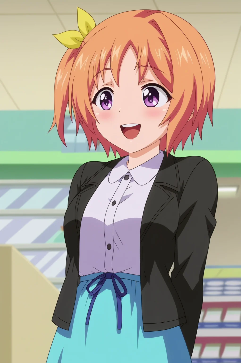 kururu hiiragi,anime screencap,1girl,solo,short hair,side ponytail,black blazer,blue skirt, white shirt,yellow hair bow,game store,indoors,consistent background,hands behind back,smiling, upper teeth only,dutch angle,blush <lora:Kururu_Hiiragi - PDXL2.safetensors:0.8>