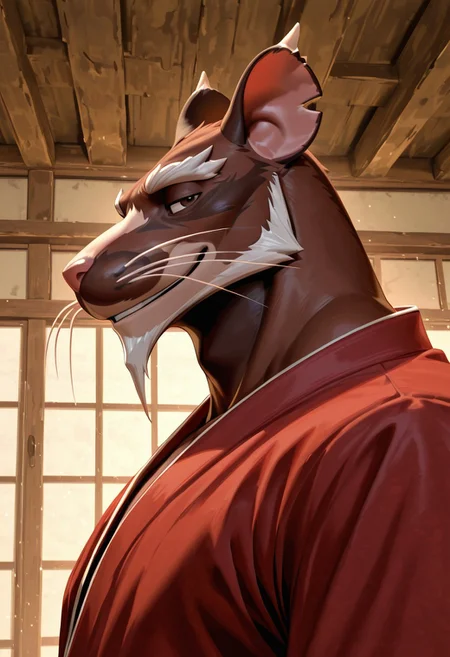 masterpiece, best quality, amazing quality, very aesthetic, absurdres, newest, high quality, detailed, male, solo male, Sharpwood, 1boy, broad shoulders, mature male, brown eyes, athletic build, animal ears, rat, whiskers, anthro, anthro male, brown fur, facial hair, beard, big eyebrows, red robe, detailed face, detailed eyes, looking at viewer, half lidded eyes, smiling, indoors, volumetric lighting, close up, bust shot, side view