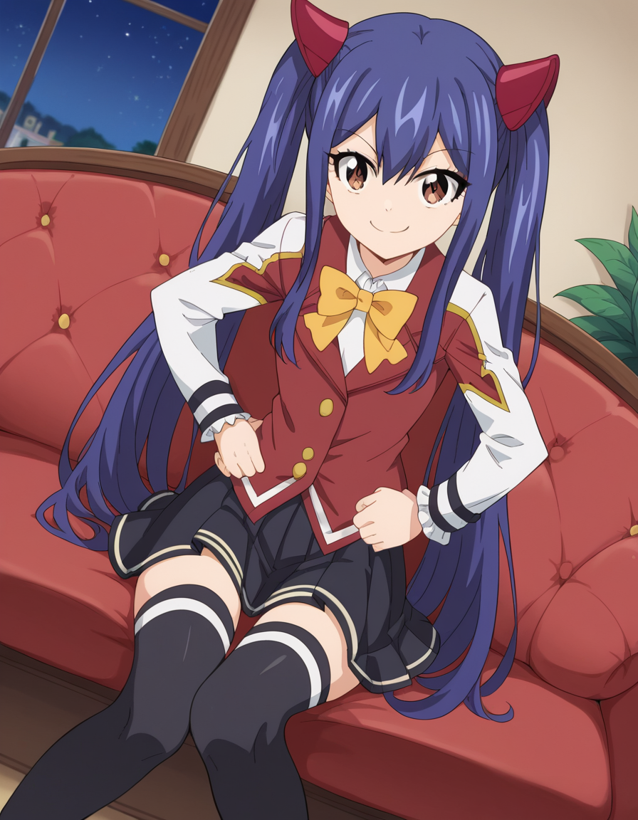 score_9, score_8_up, score_7_up, source_anime, <lora:wendy-marvell-100yq-ponyxl-lora-nochekaiser:1>, wendy marvell, long hair, hair ornament, ribbon, hair between eyes, twintails, brown eyes, very long hair, blue hair,, skirt, thighhighs, bow, ribbon, pleated skirt, black thighhighs, bowtie, black skirt, zettai ryouiki, yellow bow, yellow ribbon, living room, television, couch, popcorn, watching movie, night time, sitting,, smile, looking at viewer, smug, hands on hips,, solo,, dutch angle,
