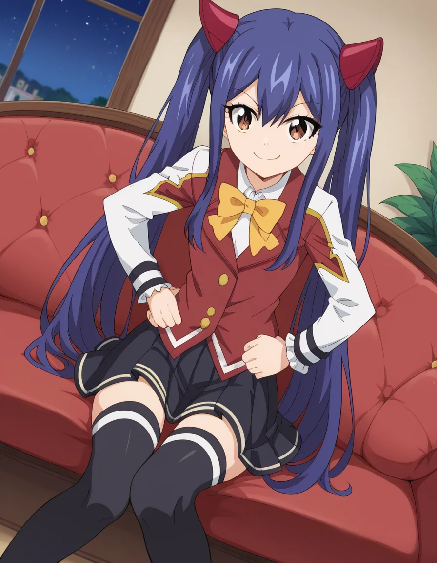 score_9, score_8_up, score_7_up, source_anime, <lora:wendy-marvell-100yq-ponyxl-lora-nochekaiser:1>, wendy marvell, long hair, hair ornament, ribbon, hair between eyes, twintails, brown eyes, very long hair, blue hair,, skirt, thighhighs, bow, ribbon, pleated skirt, black thighhighs, bowtie, black skirt, zettai ryouiki, yellow bow, yellow ribbon, living room, television, couch, popcorn, watching movie, night time, sitting,, smile, looking at viewer, smug, hands on hips,, solo,, dutch angle,