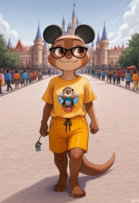 zPDXL, score_9, score_8_up, score_7_up, score_6_up, score_5_up, score_4_up,source_cartoon, best quality, amazing quality, masterpiece, best quality, newest, highres, very awa, solo, Sam, Sam Otter, SamZootopia, holding, 1girl, furry female, mature female, fullbody, tall, thin, brown and light tan fur, tail, animal ears, glasses, pretty animal face, otter whiskers, perfect face and eyes, smile, peaceful smile, wearing mickey ears, fake mickey mouse ears, colorful orange beach shirt, small breasts, colorful yellow beach shorts, walking, holding mickey ballons, outdoors, disneyland, disney world, disneyland background, Disney Castle, <lora:SamOtterZootopia:1 <lora:disney:0.7>,disneyland,1