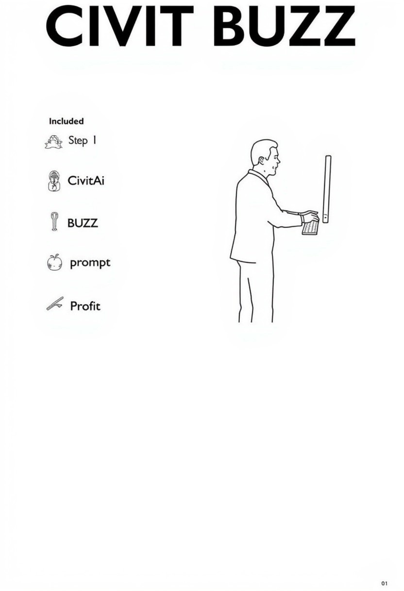 This is a product catalog page for a product designed by IKEA. The image is a digital illustration in black and white of a man using a computer, providing a detailed view of the product sheet. The product name "CIVIT BUZZ" is written in bold, capitalized letters at the top of the image. 
To the left of the image, there are four items illustrated as included:
Step 1: CivitAi
Step 2: BUZZ
Step 3: prompt
Step 4: Profit
<lora:IKEA_Instructions_Style_FLUX:0.8>