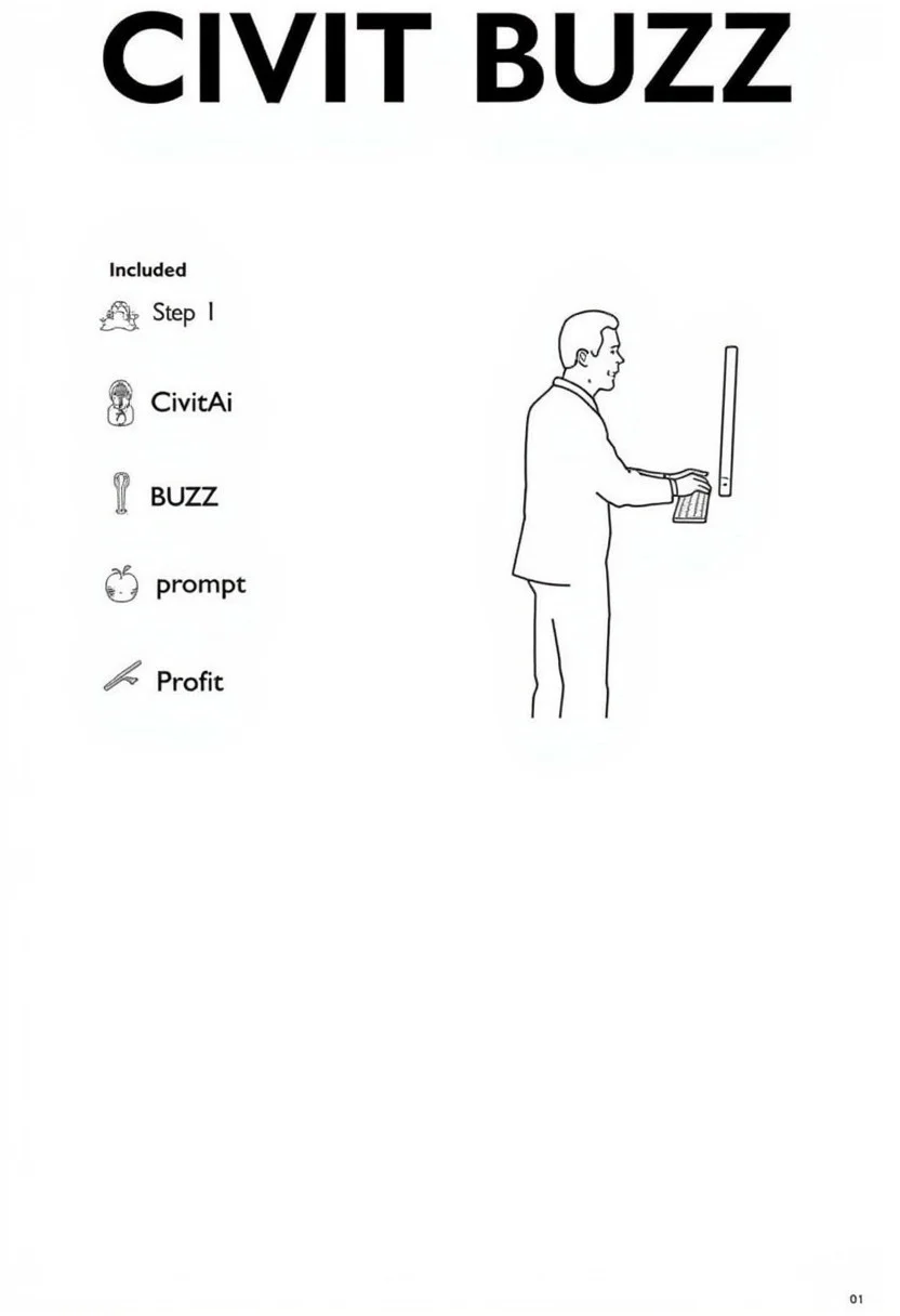This is a product catalog page for a product designed by IKEA. The image is a digital illustration in black and white of a man using a computer, providing a detailed view of the product sheet. The product name "CIVIT BUZZ" is written in bold, capitalized letters at the top of the image.
To the left of the image, there are four items illustrated as included:
Step 1: CivitAi
Step 2: BUZZ
Step 3: prompt
Step 4: Profit
<lora:IKEA_Instructions_Style_FLUX:0.8>
