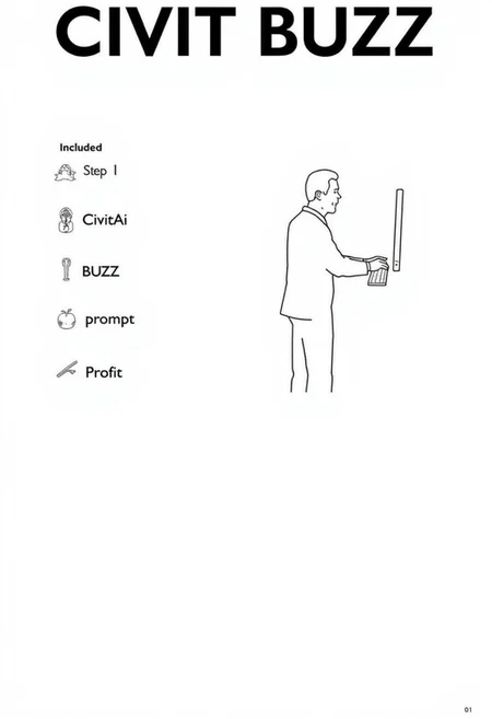 This is a product catalog page for a product designed by IKEA. The image is a digital illustration in black and white of a man using a computer, providing a detailed view of the product sheet. The product name "CIVIT BUZZ" is written in bold, capitalized letters at the top of the image.
To the left of the image, there are four items illustrated as included:
Step 1: CivitAi
Step 2: BUZZ
Step 3: prompt
Step 4: Profit
<lora:IKEA_Instructions_Style_FLUX:0.8>