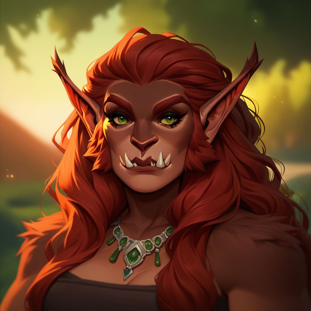 (((beautiful, high quality))), upper body, score_9, score_8_up, score_7_up, solo,
Bugbear, furry, pointed ears, fangs, 1girl, green eyes, red hair, long hair, jewelry,
outdoor, fantasy background, nature, blurred background,