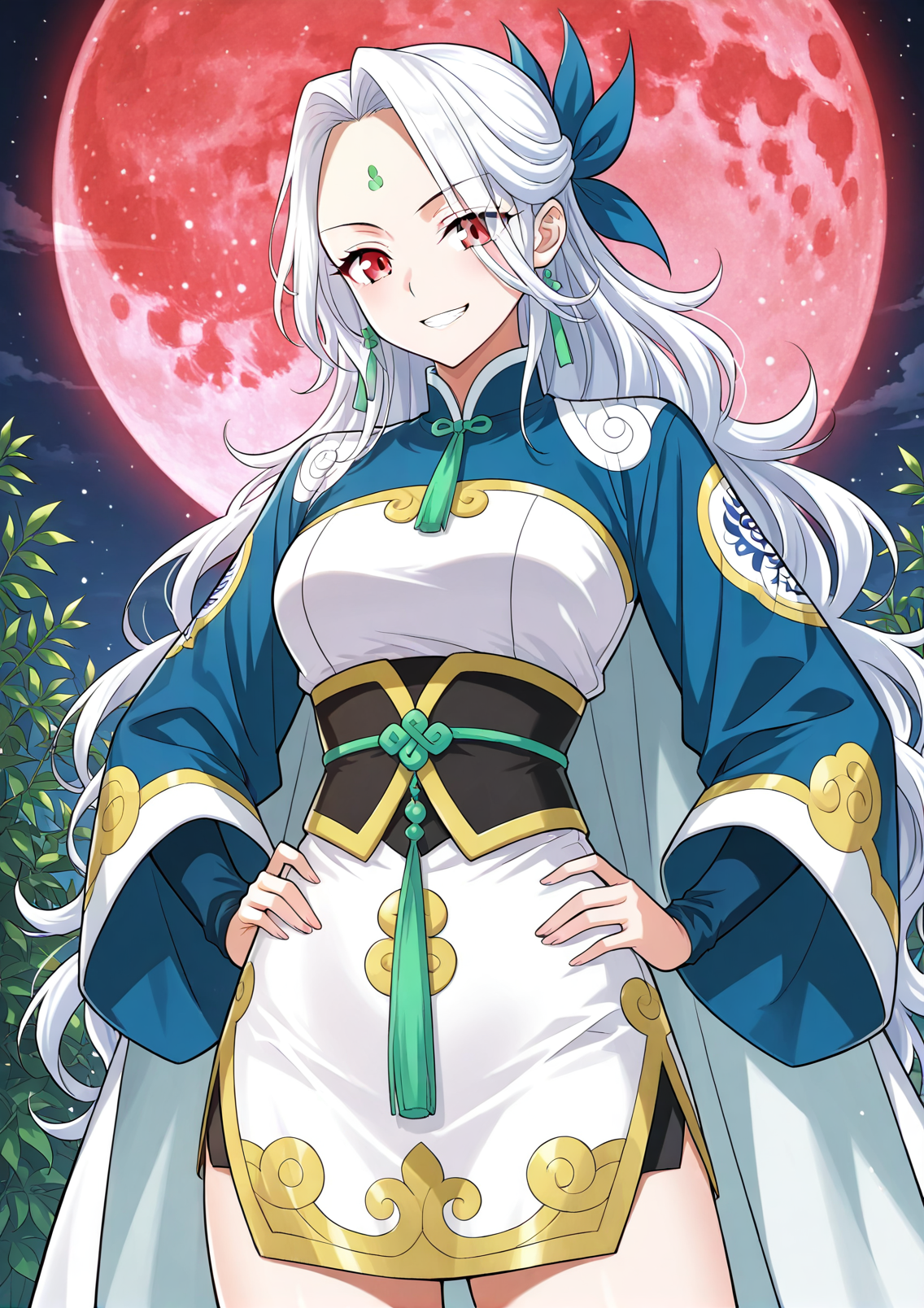 <lora:Yao_Ling__Battle_Through_the_Heavens__Illustrious:1>
1 girl, solo, long white hair, wavy hair, side ponytail with bow, half updo, red eyes, forehead mark, one hair strand sticking up, anime style, 
chinese dress, short dress, blue and white dress, lime green accents, high slit dress, long wide sleeves, blue sleeves, dark waist corset, emblem on sleeve, decorated dress hem, cape-like cloth behind, ornamental design, blue ribbon hair accessory, 
score_9, score_8_up, score_7_up, very aesthetic, source_anime, detailed, high quality, beautiful, masterpiece, very aesthetic, high definition, amazing quality, highres, absurdres, outdoors, looking at viewer, smile, grin, hands on hips, night, red moon