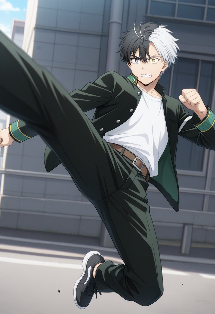 masterpiece,best quality,amazing quality, source_anime, 
sakuharuka, 1boy, male focus, solo, heterocromia, grey eyes, yellow eyes, split-color hair, black hair, white hair, school uniform, jacket, black jacket, open jacket, shirt, white shirt, belt, pants, black pants, shoes, sneakers, black footwear, outdoor, teeth, kicking,